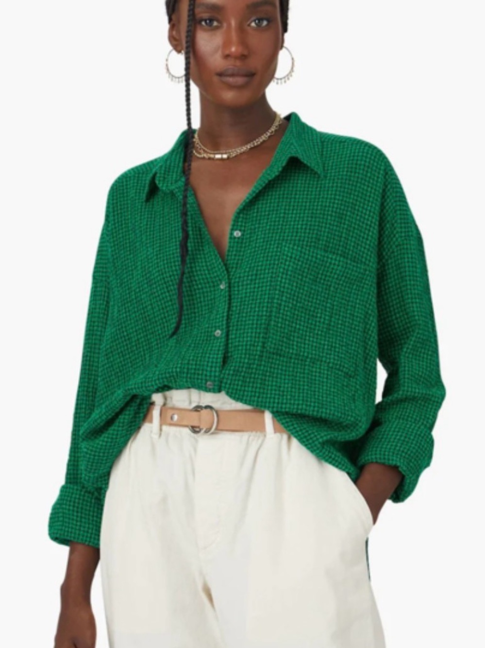 Xirena Jordy Shirt Hedge Green Check Button Front Oversized Blouse M